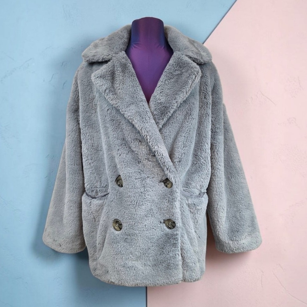 Free People Women Grey Faux Fur Double Breasted Pea Coat Small Plush Oversized